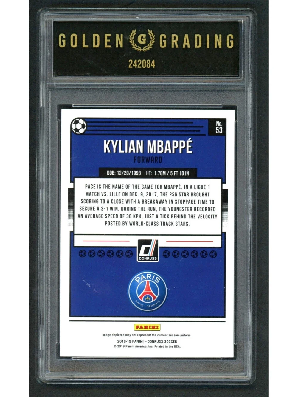 2018-19 Donruss #53 Kylian Mbappe PSG France Rookie  (RC) Graded 10 Gem Mint